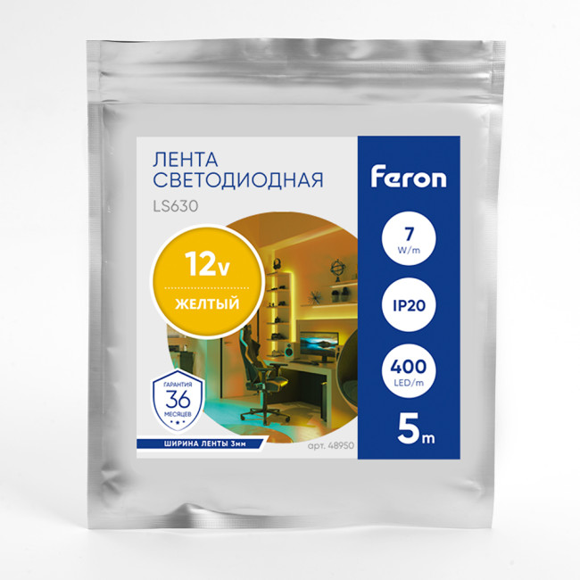 Светодиодная лента Feron LS630 12В 7Вт/м Желтый 5м IP20 48950 Светодиодная лента Feron LS630 12В 7Вт/м Желтый 5м IP20 48950