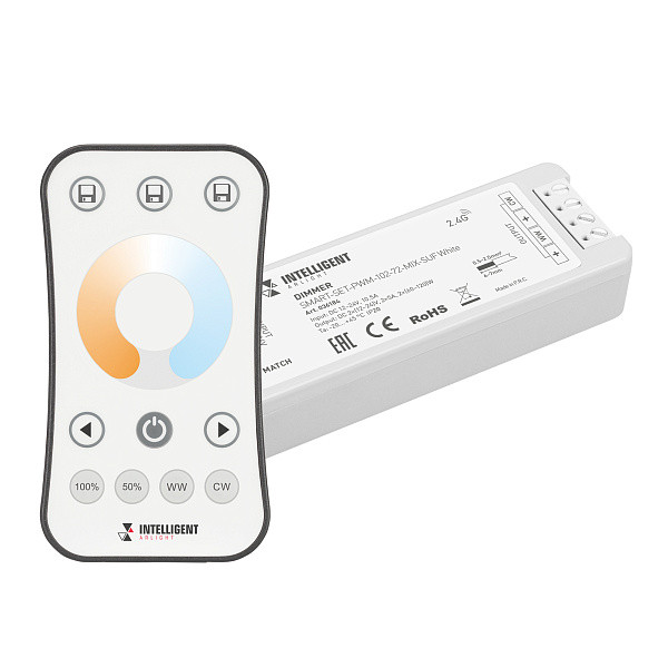 Диммер Arlight SMART-SET-PWM-102-72-MIX-SUF White 12-24V, 2x5A, ПДУ RING 10кн, 2.4G 036184 Диммер Arlight SMART-SET-PWM-102-72-MIX-SUF White 12-24V, 2x5A, ПДУ RING 10кн, 2.4G 036184