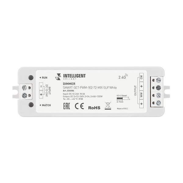 Диммер Arlight SMART-SET-PWM-102-72-MIX-SUF White 12-24V, 2x5A, ПДУ RING 10кн, 2.4G 036184 Диммер Arlight SMART-SET-PWM-102-72-MIX-SUF White 12-24V, 2x5A, ПДУ RING 10кн, 2.4G 036184