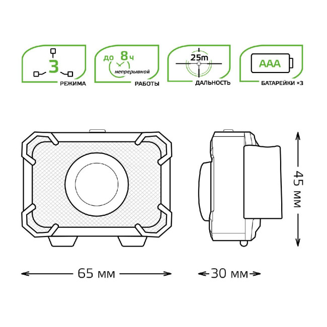 Налобный светодиодный фонарь Gauss от батареек 65х45 150 лм GF305 Налобный светодиодный фонарь Gauss от батареек 65х45 150 лм GF305