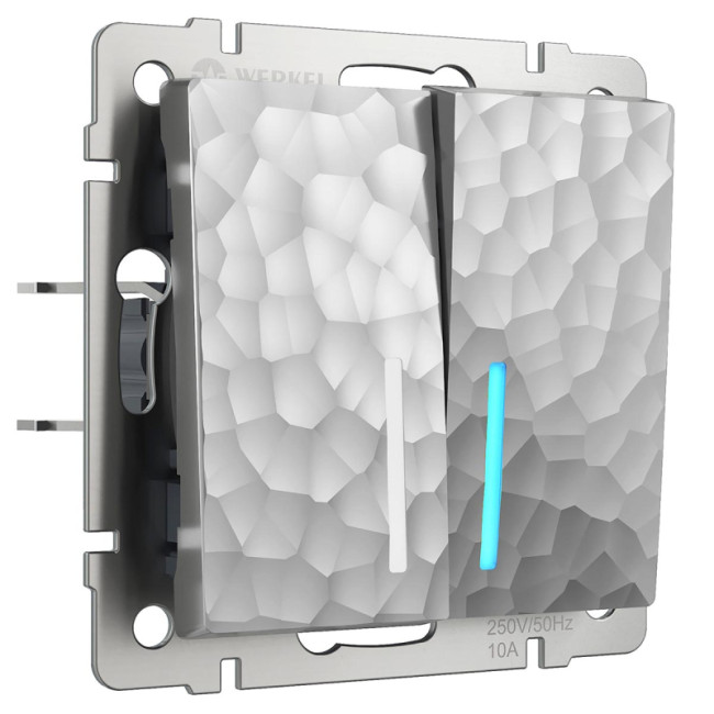 Выключатель Werkel Hammer двухклавишный проходной с подсветкой серебряный W1222106 4690389162633 Выключатель Werkel Hammer двухклавишный проходной с подсветкой серебряный W1222106 4690389162633