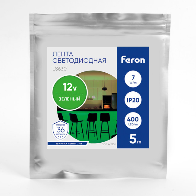 Светодиодная лента Feron LS630 12В 7Вт/м Зеленый 5м IP20 48951 Светодиодная лента Feron LS630 12В 7Вт/м Зеленый 5м IP20 48951