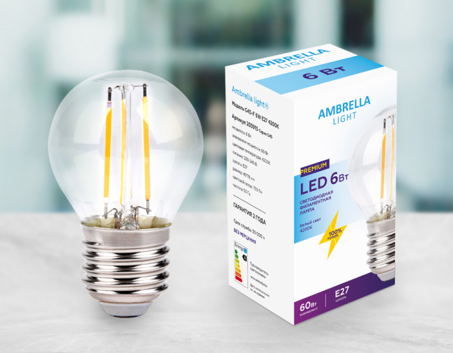 Филаментная cветодиодная лампа Ambrella Light Filament G45 E27 6W 4200K 203915 Филаментная cветодиодная лампа Ambrella Light Filament G45 E27 6W 4200K 203915