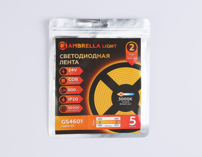 Светодиодная лента Ambrella Light Illumination COB 384Led/ 7W m/ 24V IP20 3000K/ 5m*3mm*2mm (2 конт.) GS4601 Светодиодная лента Ambrella Light Illumination COB 384Led/ 7W m/ 24V IP20 3000K/ 5m*3mm*2mm (2 конт.) GS4601