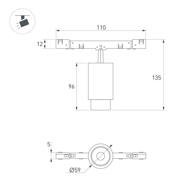 Трековый магнитный светильник Arlight MAG-MICROCOSM-SPOT-ZOOM-R59-12W Day4000 (BK, 20-60 deg, 24V) (IP20 Металл) 052085