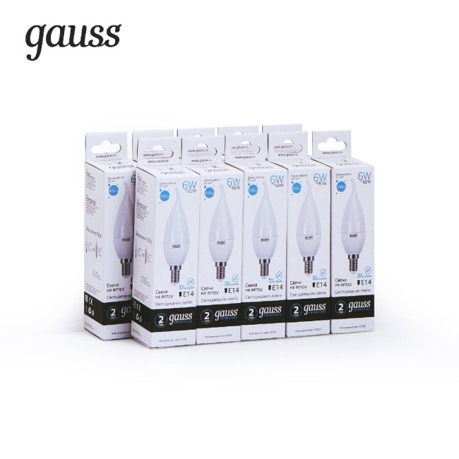Лампа светодиодная Gauss E14 6W 4100K свеча на ветру матовая 34126 Лампа светодиодная Gauss E14 6W 4100K свеча на ветру матовая 34126