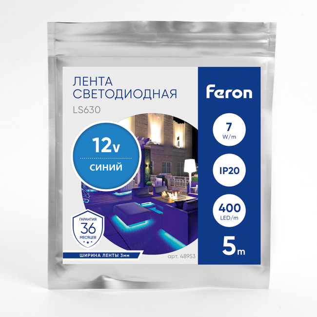 Светодиодная лента Feron LS630 12В 7Вт/м Синий 5м IP20 48953 Светодиодная лента Feron LS630 12В 7Вт/м Синий 5м IP20 48953