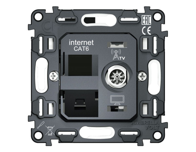 Механизм розетки компьютерной + TV оконечной RJ-45 (8P8C) CAT6/50-870 MHz 1dB с автоматической защитной шторкой QUANT Ambrella Volt VM195 Механизм розетки компьютерной + TV оконечной RJ-45 (8P8C) CAT6/50-870 MHz 1dB с автоматической защитной шторкой QUANT Ambrella Volt VM195