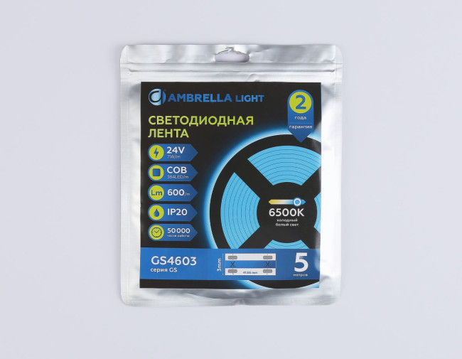 Светодиодная лента Ambrella Light Illumination COB 384Led/ 7W m/ 24V IP20 6500K/ 5m*3mm*2mm (2 конт.) GS4603 Светодиодная лента Ambrella Light Illumination COB 384Led/ 7W m/ 24V IP20 6500K/ 5m*3mm*2mm (2 конт.) GS4603
