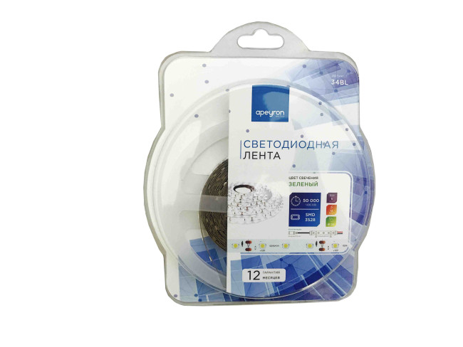 Светодиодная лента Apeyron 12В СТ 4,8Вт/м smd3528, 60д/м IP20 5м зеленая 34BL Светодиодная лента Apeyron 12В СТ 4,8Вт/м smd3528, 60д/м IP20 5м зеленая 34BL