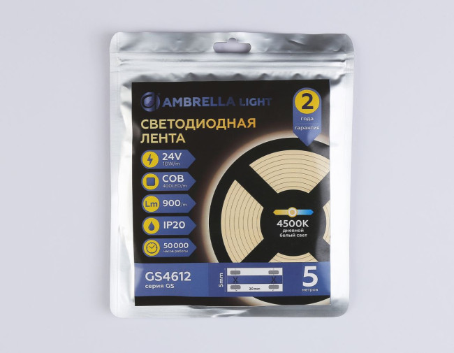 Светодиодная лента Ambrella Light Illumination COB 400Led/10W m/ 24V IP20 4500K/ 5m*5mm*2.1mm (2 конт.) GS4612 Светодиодная лента Ambrella Light Illumination COB 400Led/10W m/ 24V IP20 4500K/ 5m*5mm*2.1mm (2 конт.) GS4612