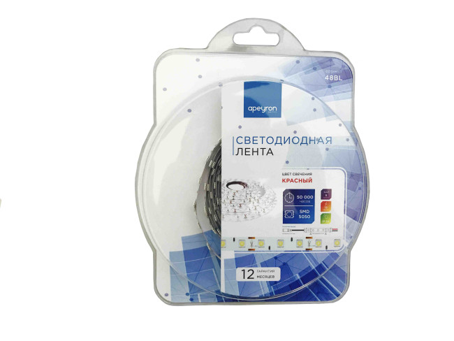 Светодиодная лента Apeyron 12В СТ 14,4Вт/м smd5050 60д/м IP20 5м красная 48BL Светодиодная лента Apeyron 12В СТ 14,4Вт/м smd5050 60д/м IP20 5м красная 48BL