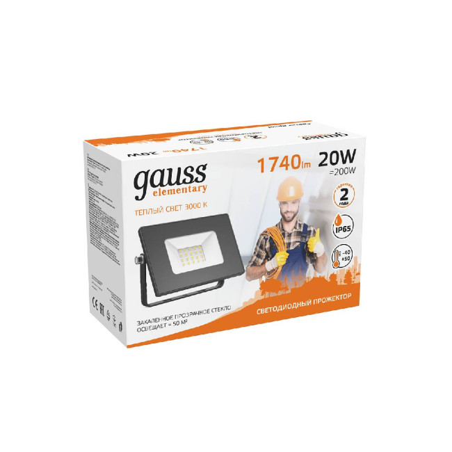 Прожектор светодиодный Gauss Elementary 20W 3000К 613527120 Прожектор светодиодный Gauss Elementary 20W 3000К 613527120