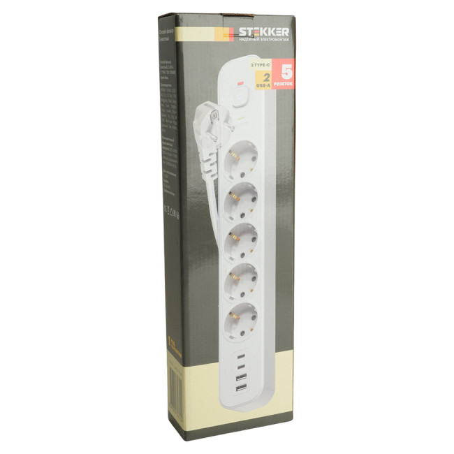 Сетевой фильтр 5-местный с/з и 2 USB-A+2 Type-C Stekker Nova HM21-51-02 50102 Сетевой фильтр 5-местный с/з и 2 USB-A+2 Type-C Stekker Nova HM21-51-02 50102