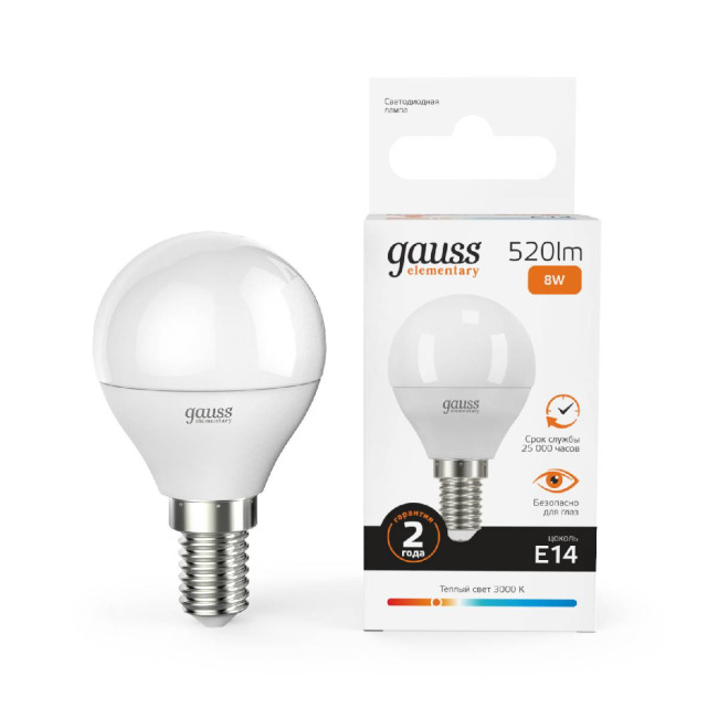 Лампа светодиодная Gauss E14 8W 3000K шар матовый 53118 Лампа светодиодная Gauss E14 8W 3000K шар матовый 53118