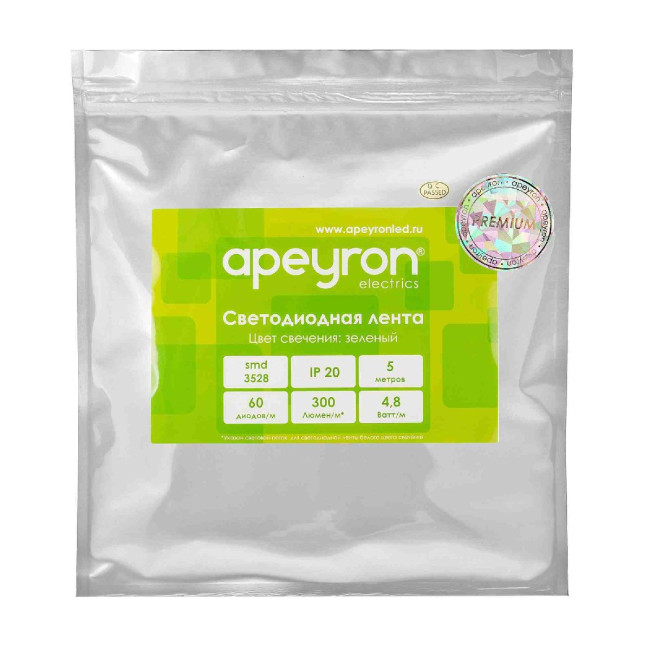 Светодиодная лента Apeyron 12В 3528 4,8Вт/м зеленый 5м IP20 00-434 Светодиодная лента Apeyron 12В 3528 4,8Вт/м зеленый 5м IP20 00-434