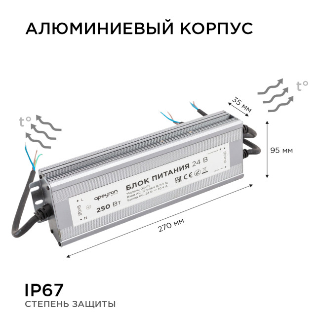 Блок питания Apeyron 24В 250Вт импульсный IP67 175-265В 10,4А 03-115 Блок питания Apeyron 24В 250Вт импульсный IP67 175-265В 10,4А 03-115