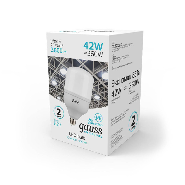 Лампа светодиодная Gauss E27 42W 4000K матовая 63224 Лампа светодиодная Gauss E27 42W 4000K матовая 63224