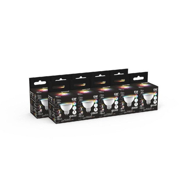 Лампа светодиодная диммируемая Gauss GU5.3 6W RGBW рефлектор матовый 101105406 Лампа светодиодная диммируемая Gauss GU5.3 6W RGBW рефлектор матовый 101105406