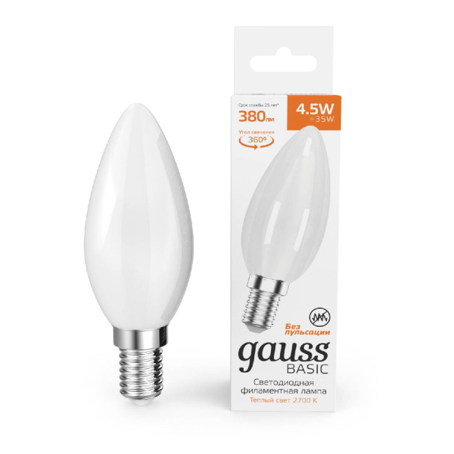 Светодиодная филаментная лампа Gauss Basic Filament E14 4,5W 2700K 1035115 Светодиодная филаментная лампа Gauss Basic Filament E14 4,5W 2700K 1035115