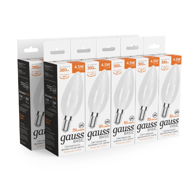 Светодиодная филаментная лампа Gauss Basic Filament E14 4,5W 2700K 1035115 Светодиодная филаментная лампа Gauss Basic Filament E14 4,5W 2700K 1035115