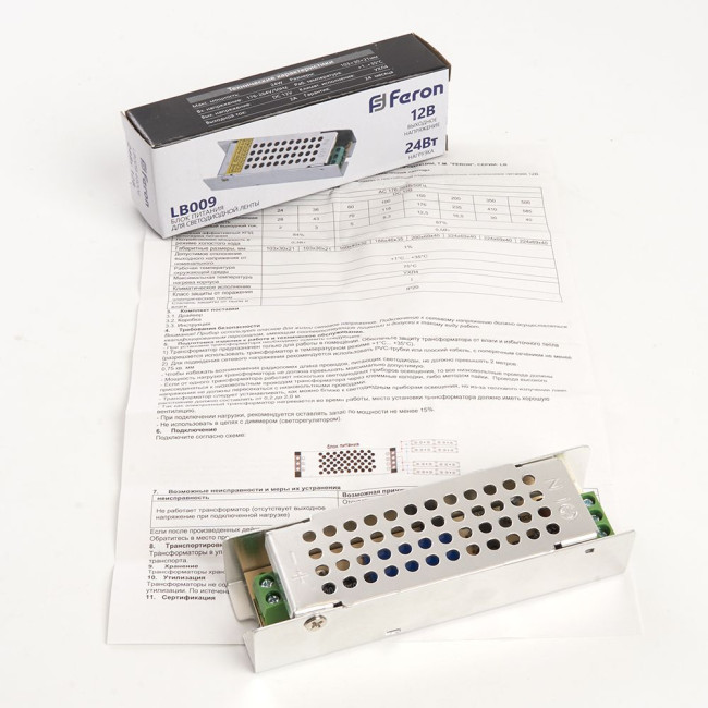 Трансформатор для светодиодной ленты Feron LB009 24Вт 12В IP20 48006 Трансформатор для светодиодной ленты Feron LB009 24Вт 12В IP20 48006