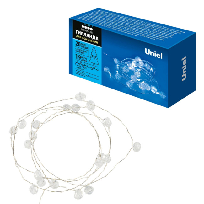 Гирлянда Uniel ULD-S1900-020/STB/2AA WHITE IP20 BEADS MINI Гирлянда Uniel ULD-S1900-020/STB/2AA WHITE IP20 BEADS MINI