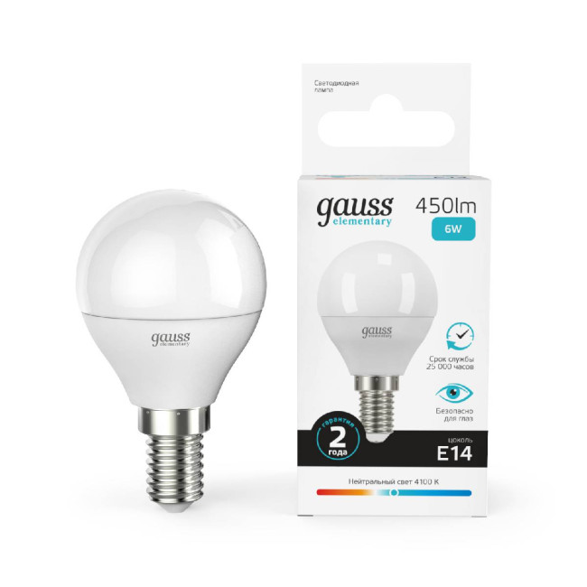 Лампа светодиодная Gauss E14 6W 4100K шар матовый 53126 Лампа светодиодная Gauss E14 6W 4100K шар матовый 53126