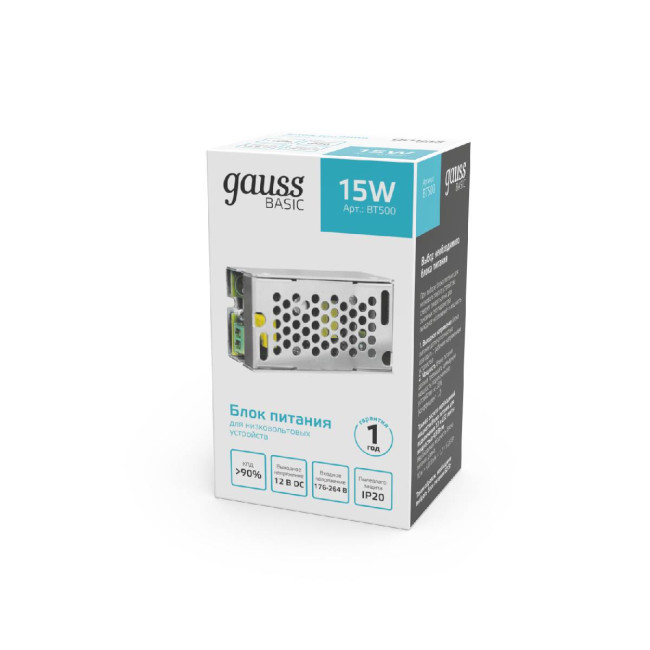 Блок питания Gauss Basic 15Вт DC12 IP20 BT500 Блок питания Gauss Basic 15Вт DC12 IP20 BT500