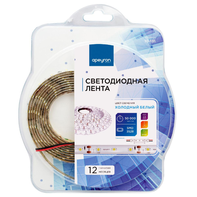 Светодиодная лента Apeyron 12В СТ 4,8Вт/м smd3528, 60д/м IP65 280Лм/м 2,5м 6500К 10-131 Светодиодная лента Apeyron 12В СТ 4,8Вт/м smd3528, 60д/м IP65 280Лм/м 2,5м 6500К 10-131