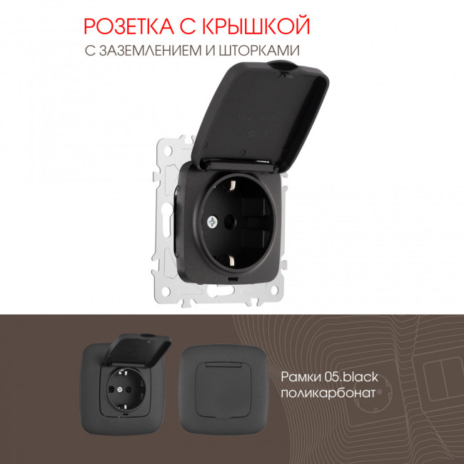Розетка с заземлением, шторками и защитной крышкой Arte Milano 205.41-1.black Розетка с заземлением, шторками и защитной крышкой Arte Milano 205.41-1.black