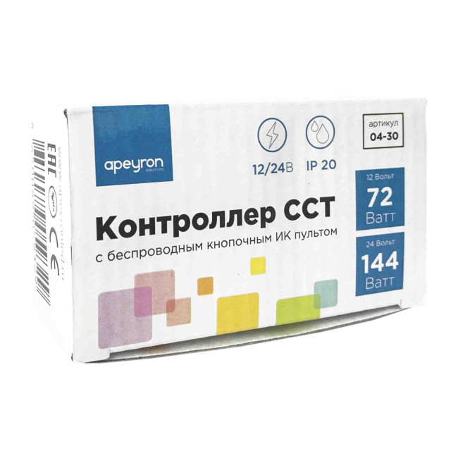 Контроллер для двухцветной светодиодной лентой Apeyron 12-24В 72Вт 2*3A/канал, IP20 пульт, DC-коннектор для входа, 4-игольчатый коннектор для выхода 04-30 Контроллер для двухцветной светодиодной лентой Apeyron 12-24В 72Вт 2*3A/канал, IP20 пульт, DC-коннектор для входа, 4-игольчатый коннектор для выхода 04-30