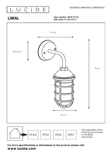 Уличный настенный светильник Lucide Limal 11876/01/30 Уличный настенный светильник Lucide Limal 11876/01/30