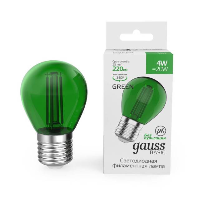 Светодиодная филаментная лампа Gauss Basic Filament E27 4W green 10512042-G Светодиодная филаментная лампа Gauss Basic Filament E27 4W green 10512042-G