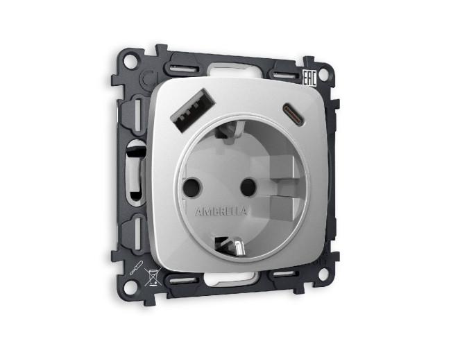 Комплект механизма розетки 2USB A+C 20W (быстрая зарядка) с/з Ambrella Volt Omega MO410010 Комплект механизма розетки 2USB A+C 20W (быстрая зарядка) с/з Ambrella Volt Omega MO410010