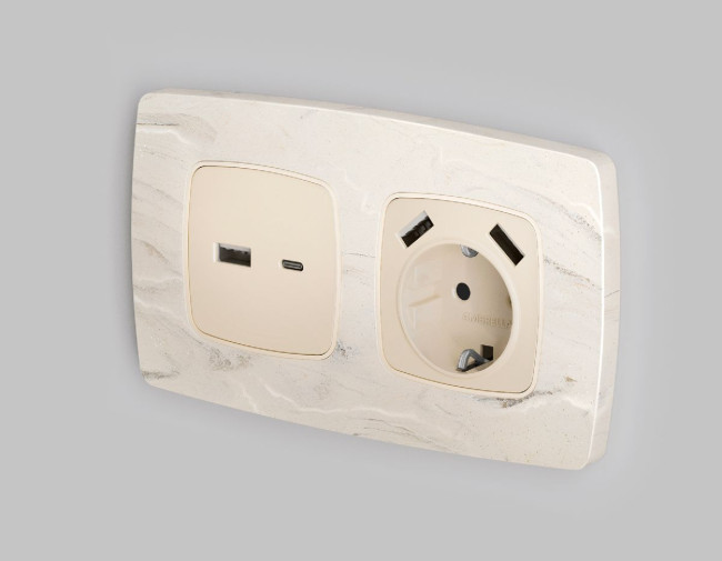 Лицевая панель для розетки с/з со шторками 2USB A+A Ambrella Volt Omega OP3090 Лицевая панель для розетки с/з со шторками 2USB A+A Ambrella Volt Omega OP3090