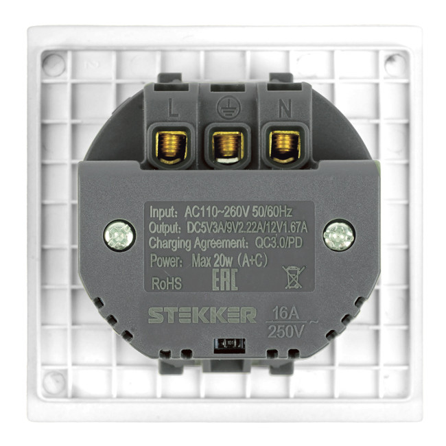 Розетка 1-местная 16А + USB + Type C (механизм) Stekker 250В 20W Мия RST16-3119-01 50438
