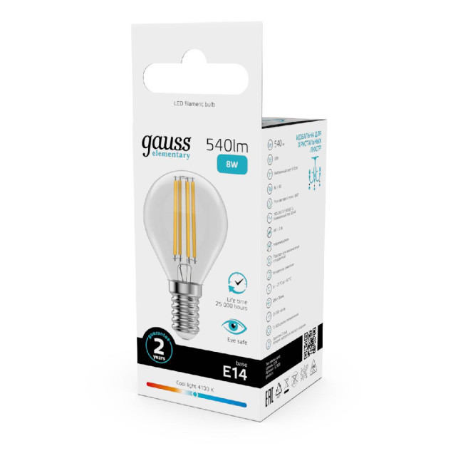 Лампа светодиодная Gauss Filament Elementary E14 8W 4100K 52128 Лампа светодиодная Gauss Filament Elementary E14 8W 4100K 52128