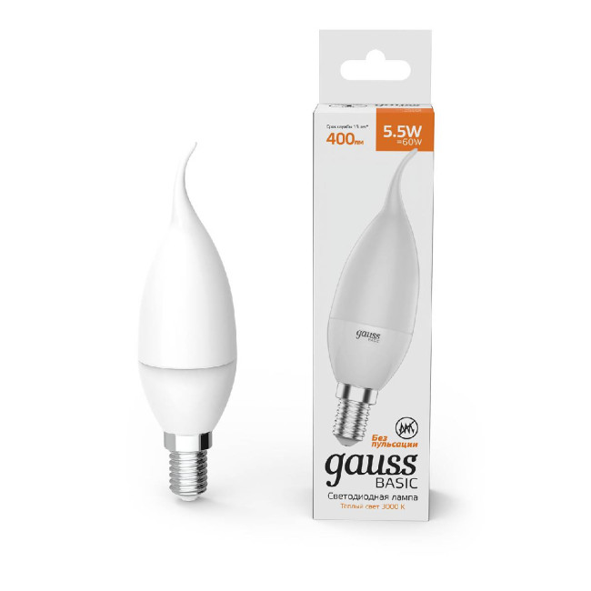 Лампа светодиодная Gauss E14 5,5W 3000К свеча на ветру матовая 1034116