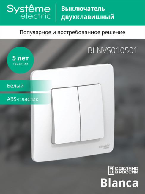 Выключатель 2-клавишный 10А Systeme Electric Blanca внутр BLNVS010501 Выключатель 2-клавишный 10А Systeme Electric Blanca внутр BLNVS010501