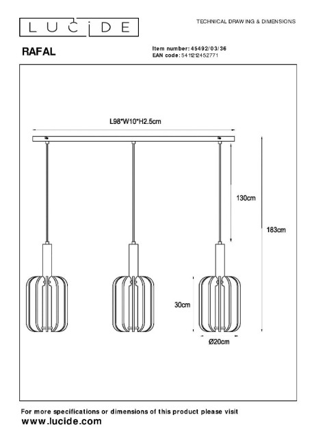 Подвесной светильник Lucide Rafal 45492/03/36
