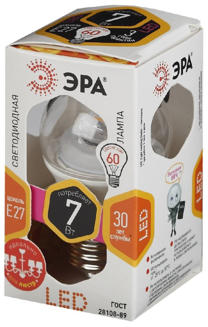 Лампа светодиодная Эра E27 7W 2700K LED P45-7W-827-E27-Clear Б0017243 Лампа светодиодная Эра E27 7W 2700K LED P45-7W-827-E27-Clear Б0017243