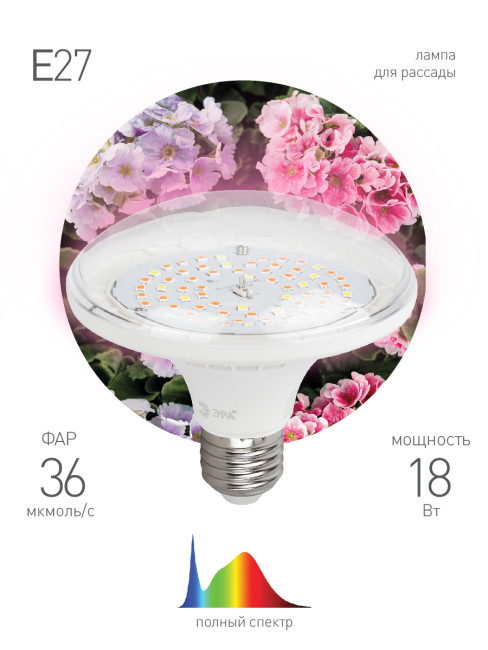 Фитолампа для растений светодиодная Эра E27 18W 6500K FITO-18W-Ra90-E27 Б0057710 Фитолампа для растений светодиодная Эра E27 18W 6500K FITO-18W-Ra90-E27 Б0057710