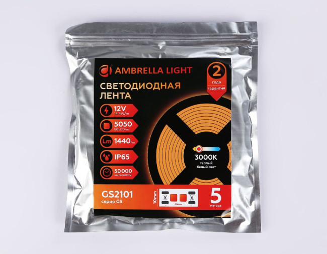 Светодиодная лента Ambrella Light LED Strip 12В 5050 14,4Вт/м 3000K 5м IP65 GS2101