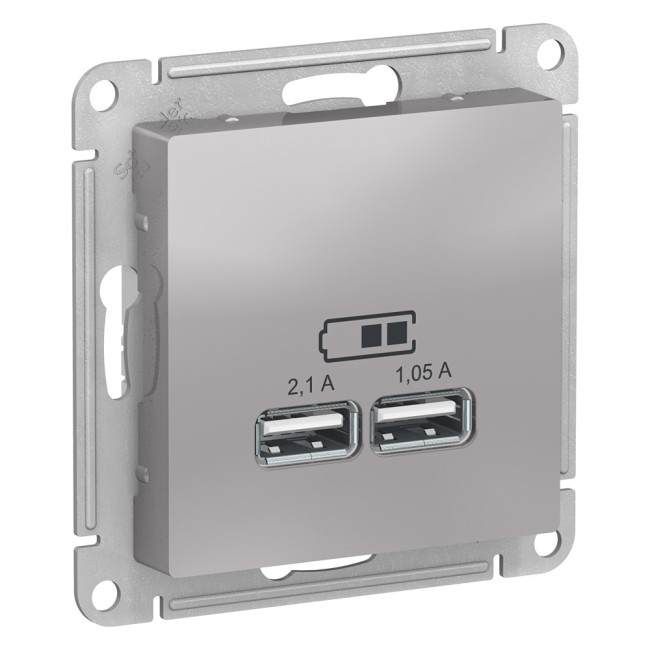 Розетка USB, 5В, 1 порт x 2,1 А, 2 порта х 1,05 А Systeme Electric AtlasDesign Алюминий ATN000333 Розетка USB, 5В, 1 порт x 2,1 А, 2 порта х 1,05 А Systeme Electric AtlasDesign Алюминий ATN000333