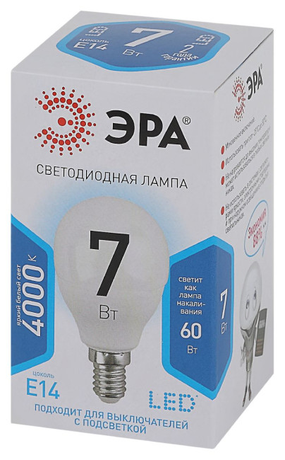 Лампа светодиодная Эра E14 7W 4000K LED P45-7W-840-E14 Б0020551 Лампа светодиодная Эра E14 7W 4000K LED P45-7W-840-E14 Б0020551
