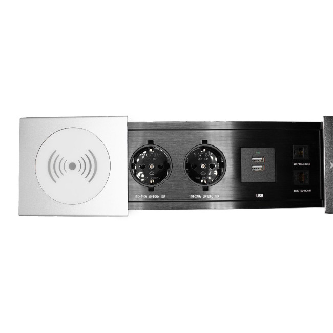 Блок розеток JX (Slide Top) (2 секции RJ-45 + 2 USB беспр.зарядка с кабелем питания) Mebax 00-00002892 Блок розеток JX (Slide Top) (2 секции RJ-45 + 2 USB беспр.зарядка с кабелем питания) Mebax 00-00002892