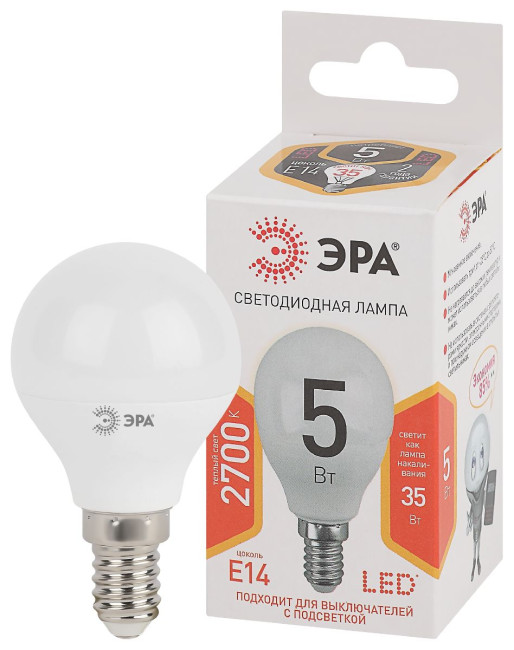 Лампа светодиодная Эра E14 5W 2700K LED P45-5W-827-E14 Б0028485 Лампа светодиодная Эра E14 5W 2700K LED P45-5W-827-E14 Б0028485