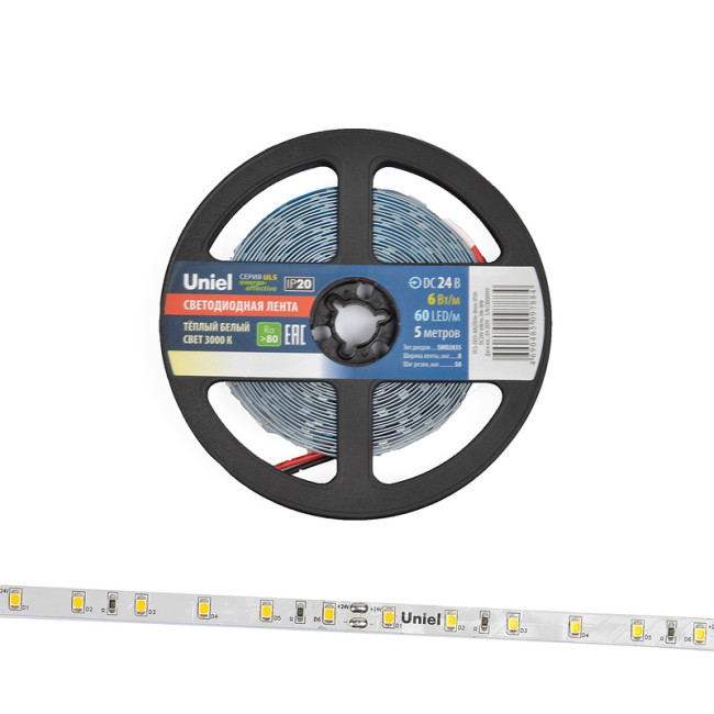 Светодиодная лента Uniel ULS-2835-60LED/m-8mm-IP20-DC24V-6W/m-5M-WW катушка в герметичной упаковке Светодиодная лента Uniel ULS-2835-60LED/m-8mm-IP20-DC24V-6W/m-5M-WW катушка в герметичной упаковке