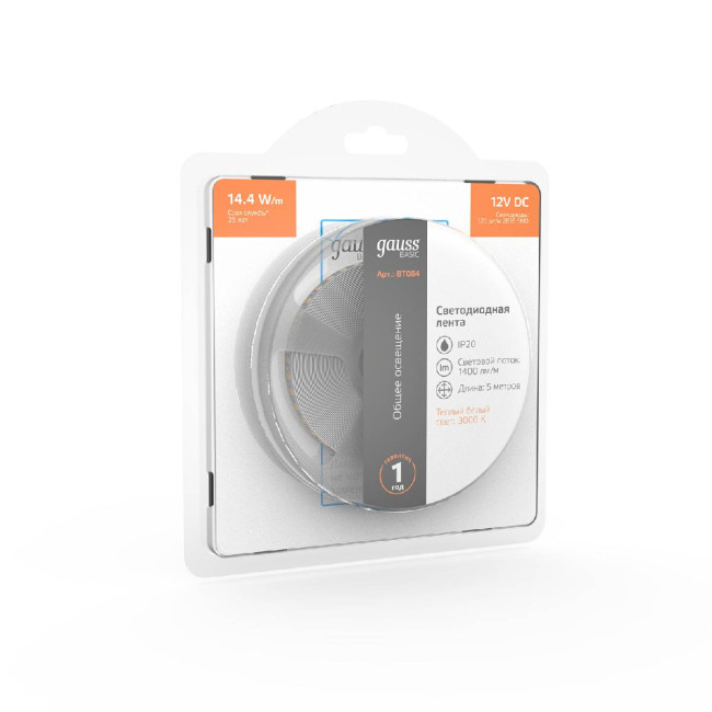Светодиодная лента Gauss Basic 12В 2835 14,4Вт/м 3000K 5м IP20 BT084
